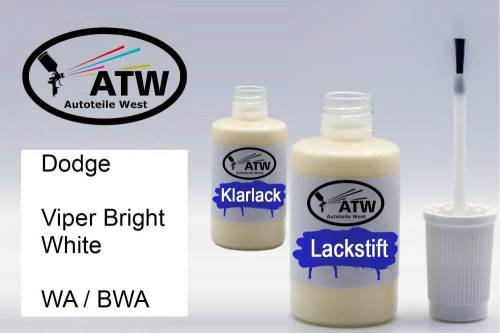 Dodge, Viper Bright White, WA / BWA: 20ml Lackstift + 20ml Klarlack - Set, von ATW Autoteile West.